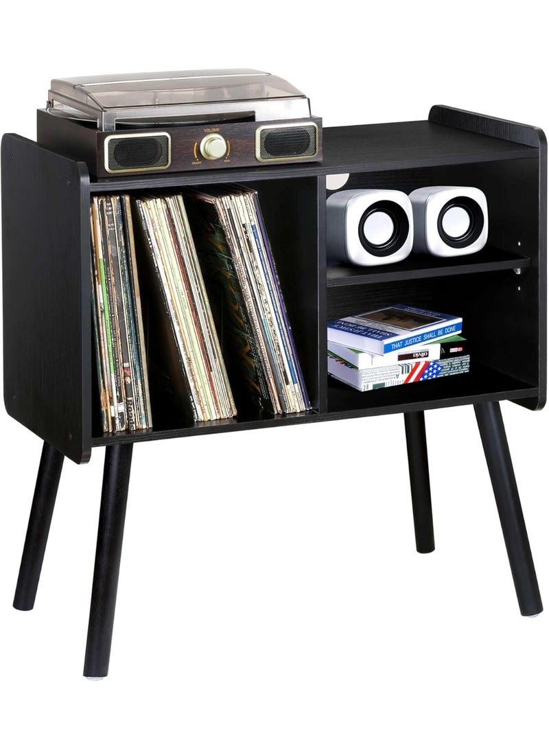 Black Record Player Stand with Vinyl Storage, Mid-Century Modern Record Player Table, Turntable Stand for Living Room, Office, Record Storage Cabinet Up to 100 Albums - Image 1